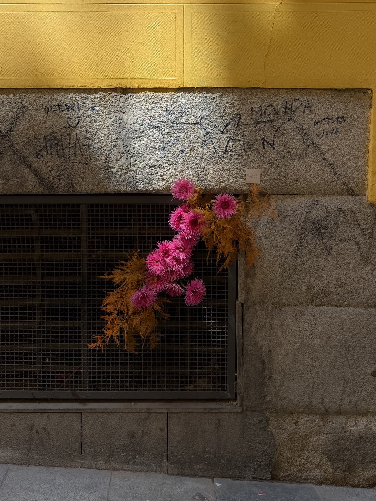 Intervención floral rosa y ocre sobre una fachada amarilla y de piedra en Madrid