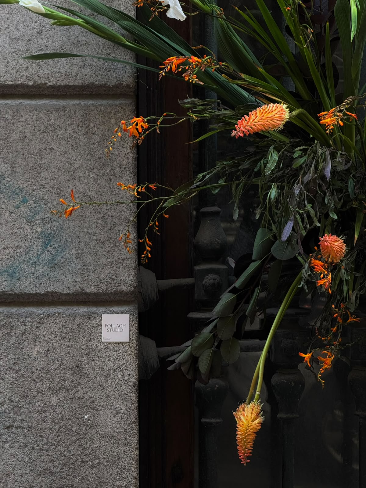 Detalle de flores naranjas y vegetación sobre una reja y fachada de piedra en Madrid