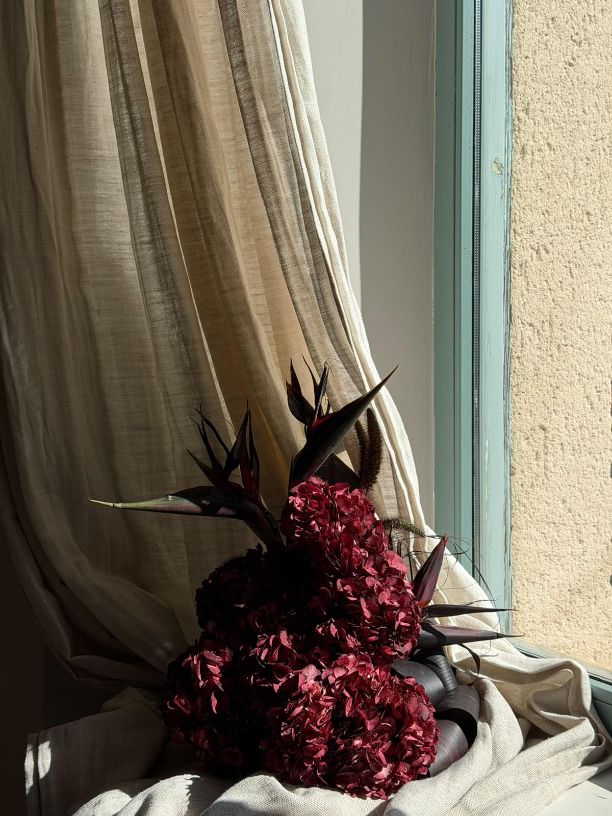 Composición de hortensias burdeos junto a una cortina y una ventana
